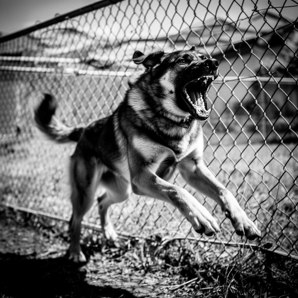 Cão agressivo latindo atrás de uma cerca